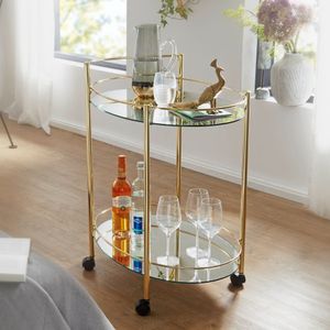 FB53002 FineBuy Design Servierwagen Gold 67x79 cm Mobile Mini Bar, Beistelltisch auf Rollen, Speisewagen mit Glasplatte Weiß, Küchenwagen, Teewagen mit Milchglas 4250950293076