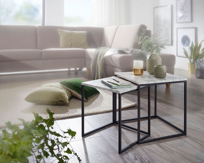 FineBuy Design Beistelltisch 2er Set Marmor Optik Weiß, Couchtisch 2 teilig Tischgestell Schwarz, Kleine Wohnzimmertische, Moderne Satztische 4250950293083