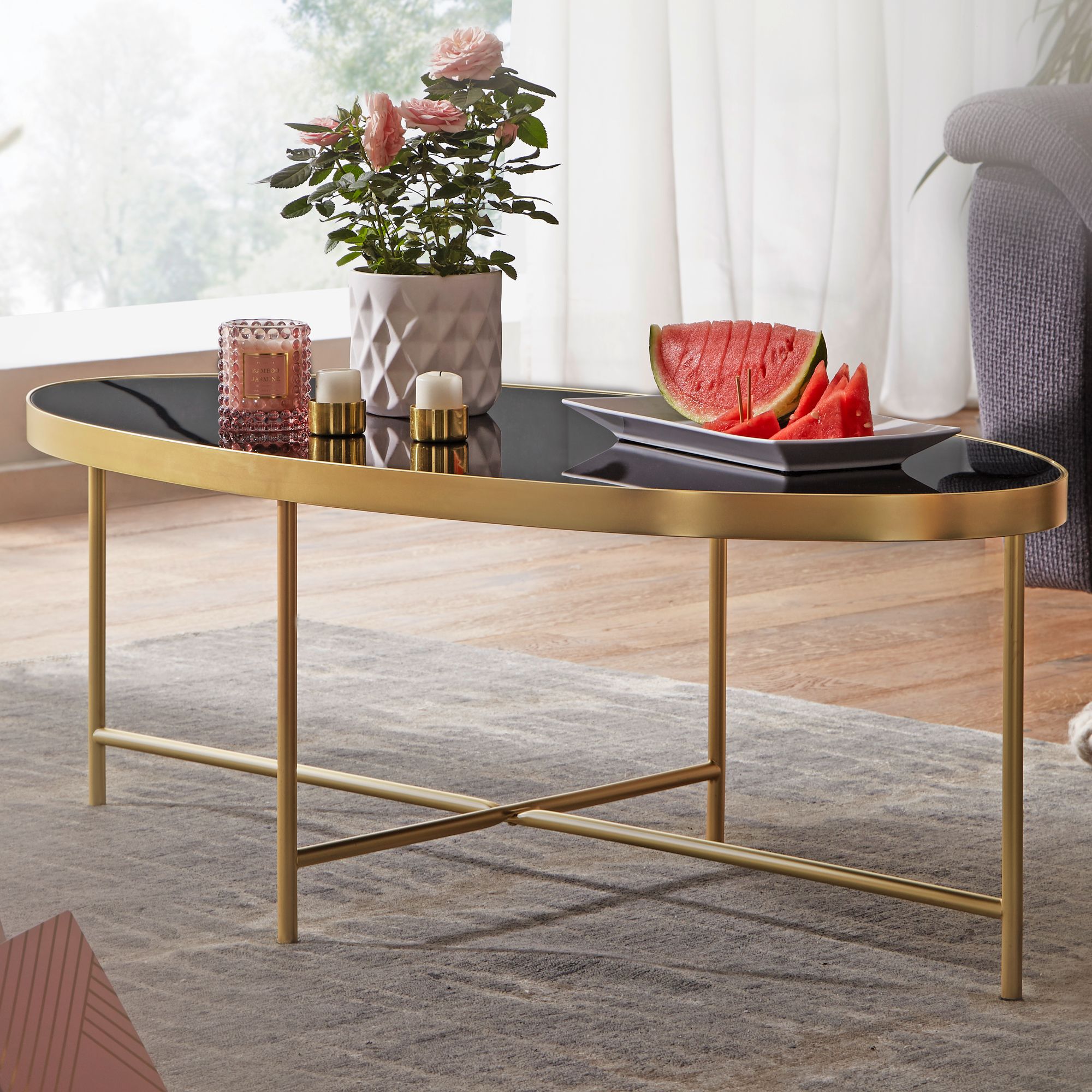 finebuy design couchtisch glas schwarz - oval 110 x 56 cm mit gold