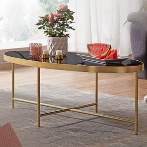 FineBuy Design Couchtisch Glas Schwarz - Oval 110 x 56 cm mit Gold Metallgestell, Großer Wohnzimmertisch, Lounge Tisch Glastisch 4250950293137