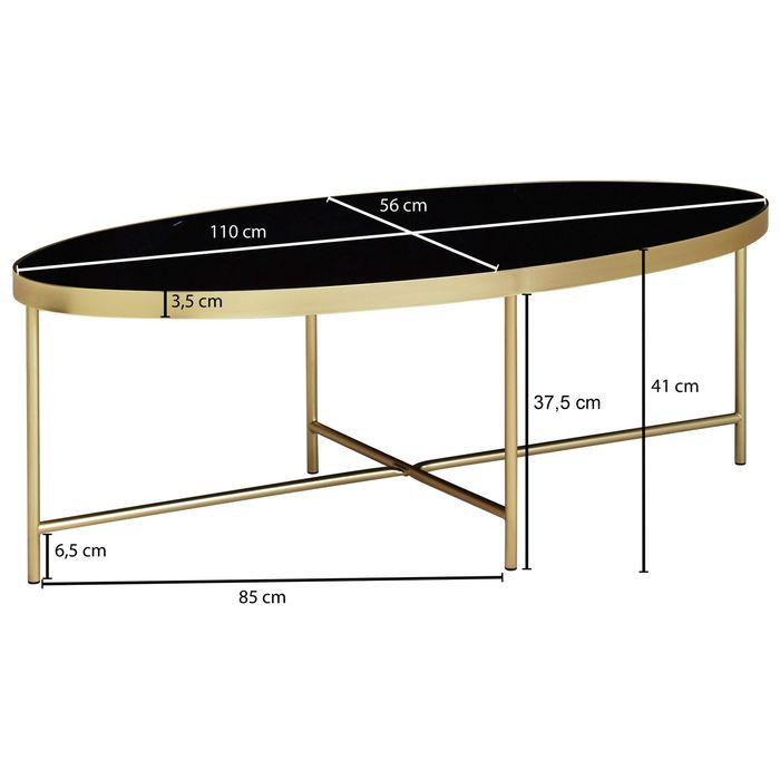 FineBuy Couchtisch Glas Schwarz Wohnzimmertisch Oval 110 x 56 Glastisch Gold – Maßzeichnung