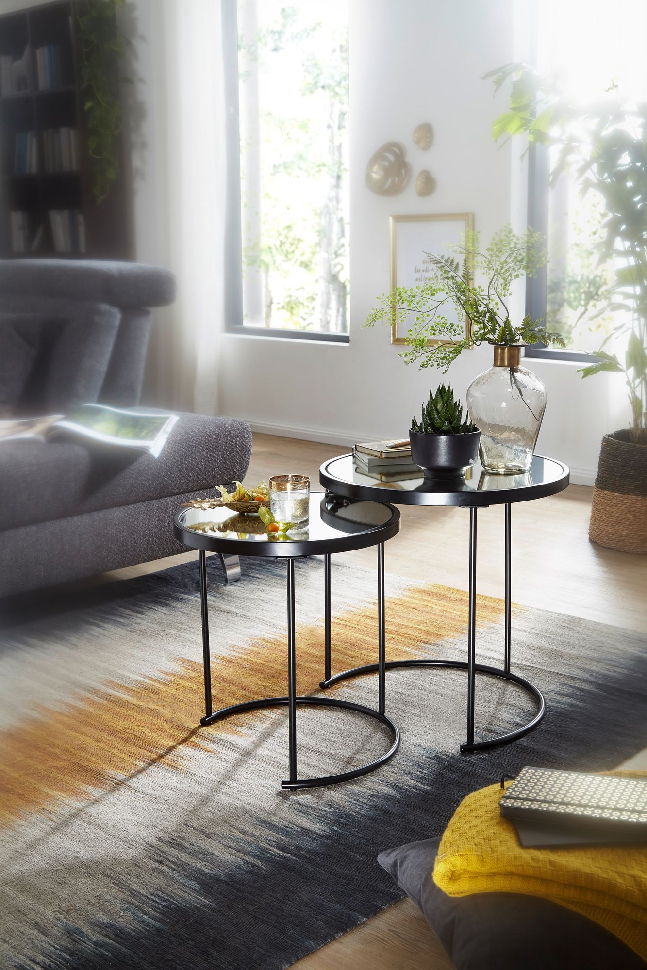 FineBuy Design Beistelltisch Rund Ø 50/42 cm - 2 teilig Schwarz mit Spiegel Glas, Wohnzimmertisch 2er Set, Satztisch verspiegelt, Couchtisch | Farbe: Schwarz