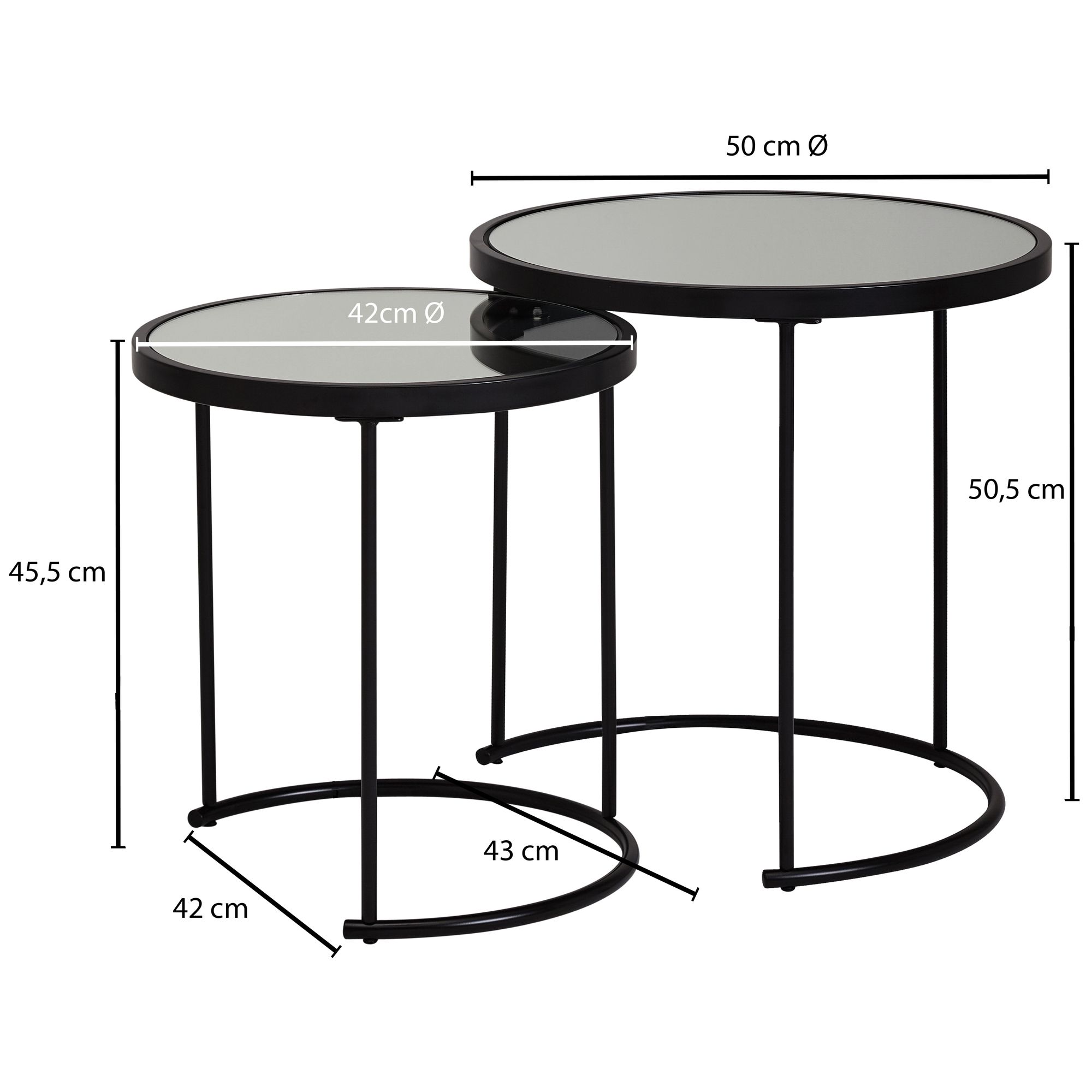 FineBuy Design Beistelltisch Rund Ø 50/42 cm - 2 teilig Schwarz mit Spiegel Glas, Wohnzimmertisch 2er Set, Satztisch verspiegelt, Couchtisch | Farbe: Schwarz