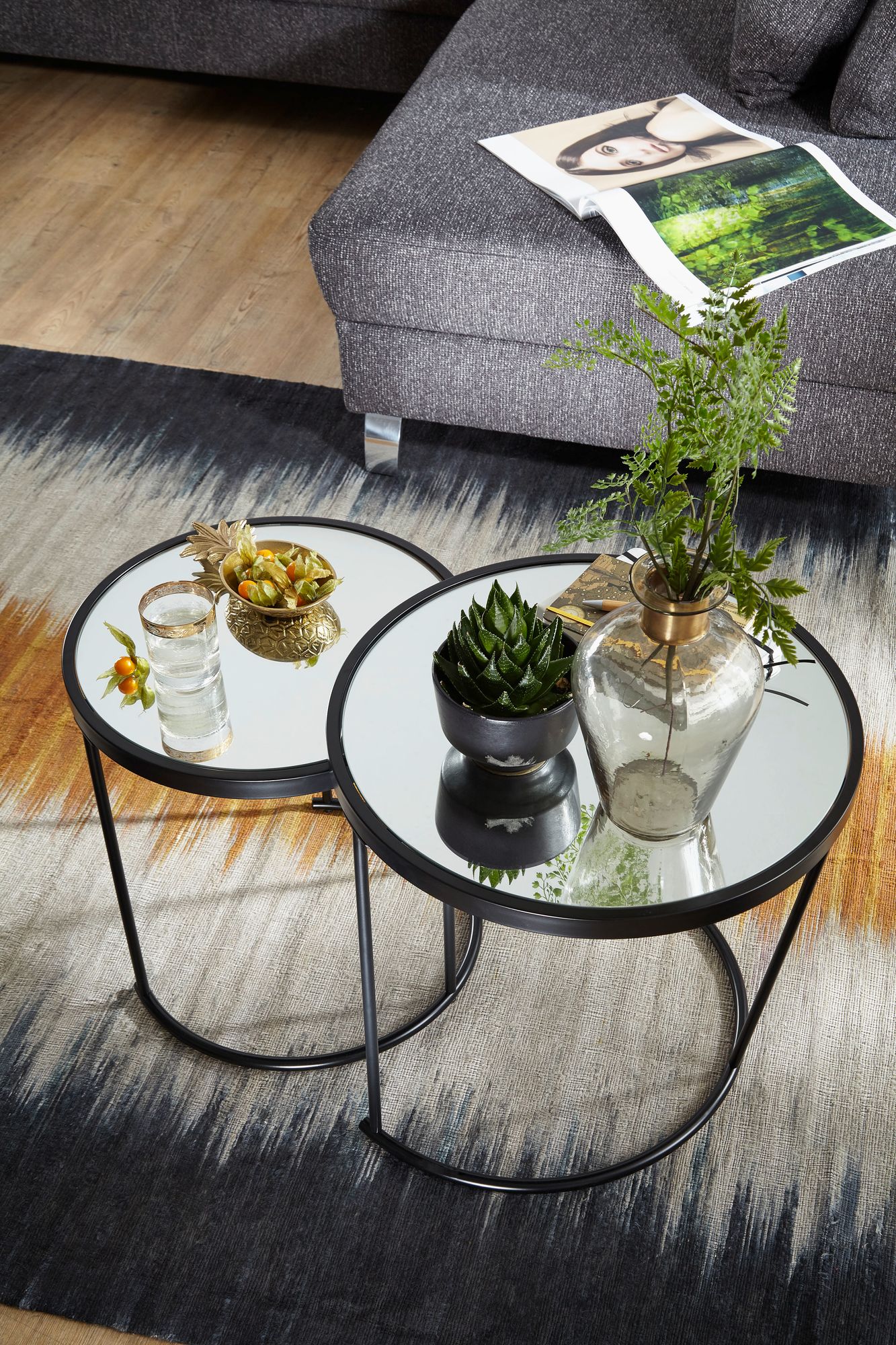 FineBuy Design Beistelltisch Rund Ø 50/42 cm - 2 teilig Schwarz mit Spiegel Glas, Wohnzimmertisch 2er Set, Satztisch verspiegelt, Couchtisch | Farbe: Schwarz