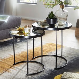FineBuy Design Beistelltisch Rund Ø 50/42 cm - 2 teilig Schwarz mit Spiegel Glas, Wohnzimmertisch 2er Set, Satztisch verspiegelt, Couchtisch 4250950293175
