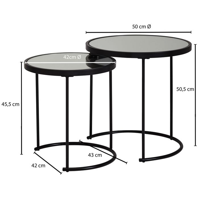 FineBuy Couchtisch 2tlg Rund Schwarz Spiegel Glas Wohnzimmertisch Beistelltisch – Maßzeichnung