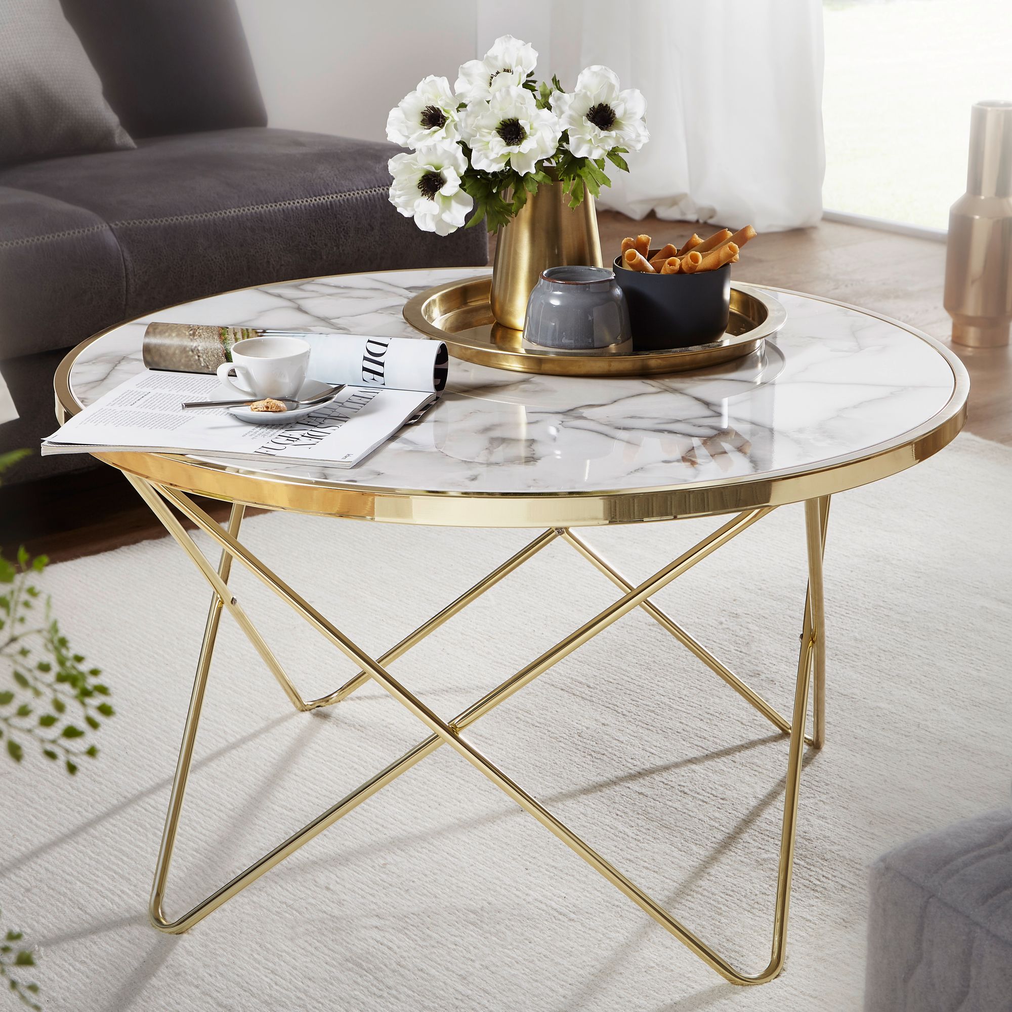 finebuy design couchtisch marmor optik weiß rund Ø 85 cm gold