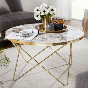FineBuy Design Couchtisch Marmor Optik Weiß Rund Ø 85 cm Gold Metall-Gestell, Großer Wohnzimmertisch, Beistelltisch 4250950293199