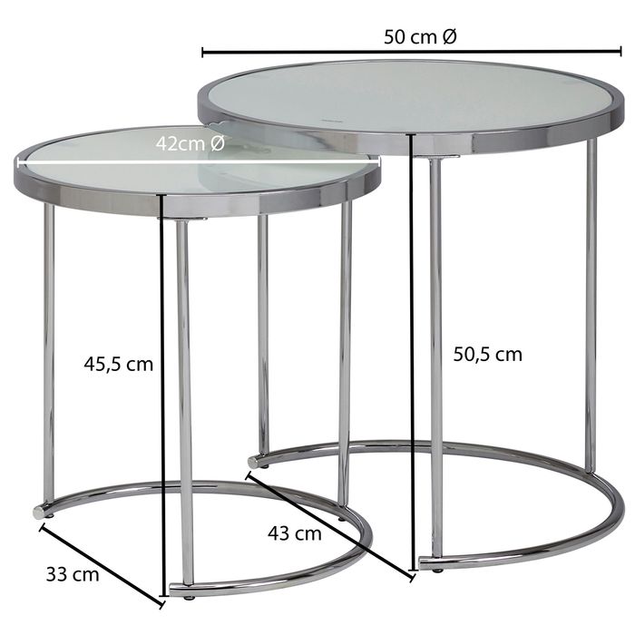 FineBuy Beistelltisch 2tlg Rund Wohnzimmertisch Weiß Glas Couchtisch Silber – Maßzeichnung
