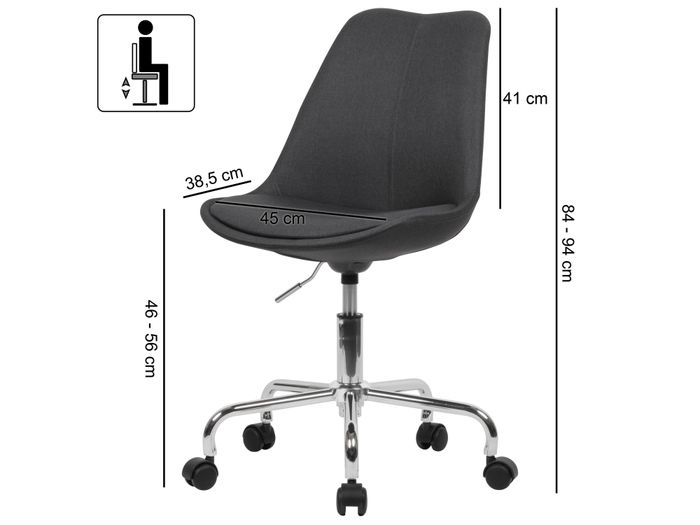 FineBuy Schreibtischstuhl Stoff Drehstuhl Stuhl mit Rollen 110 kg Schalenstuhl – Maßzeichnung