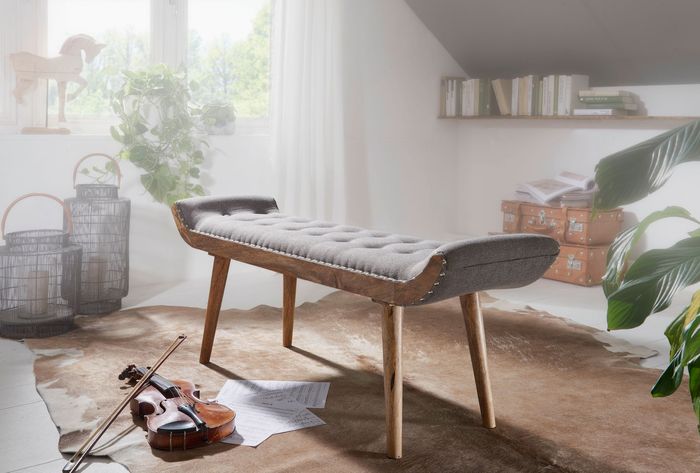 FineBuy Sitzbank Stoff / Massivholz Bank Grau 125x51x38 cm Chesterfield-Design, Polsterbank Flur, Stoffbank Bettbank 2 Personen, Flurbank Modern 4250950294226