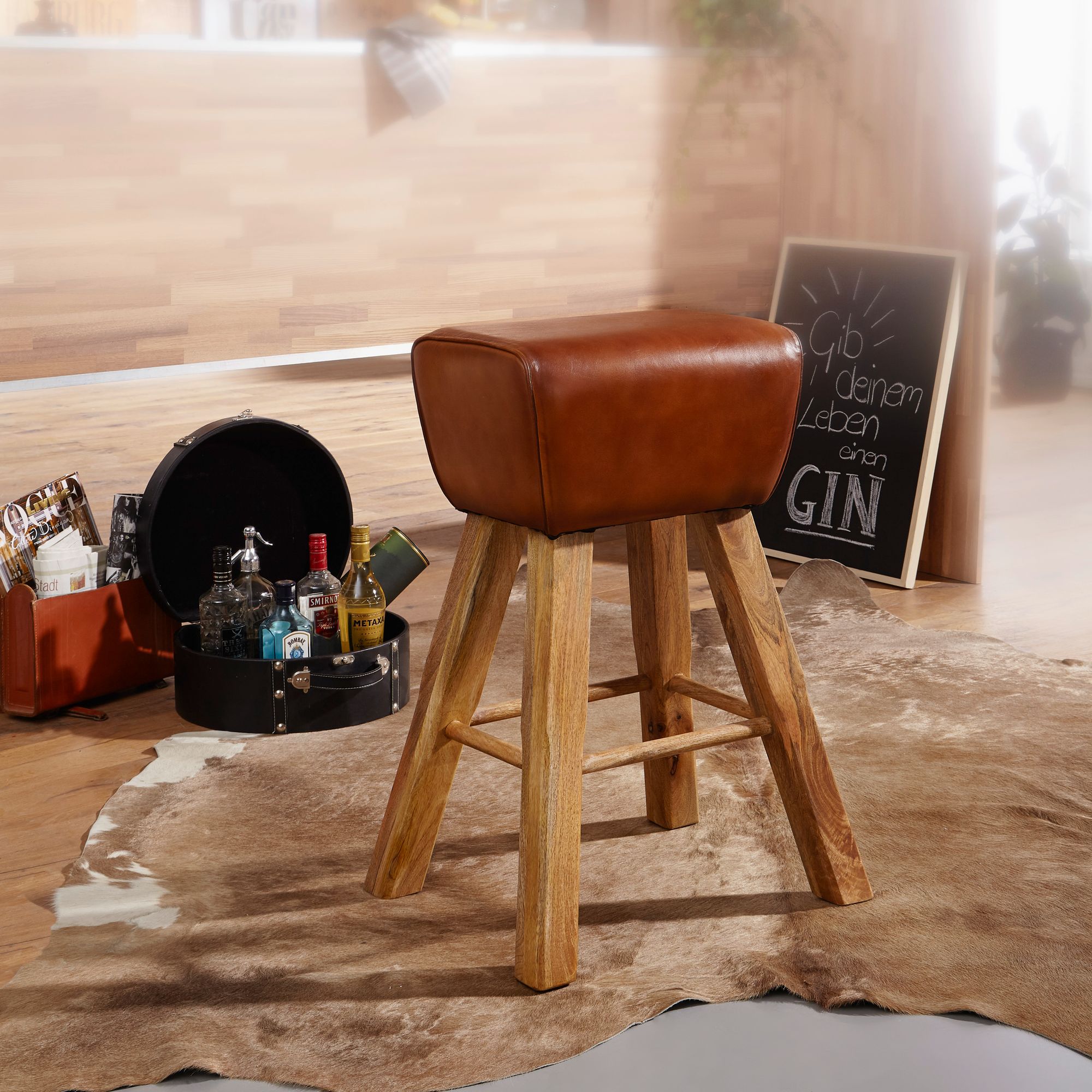FineBuy Barhocker Turnbock 43x75x43 cm Mango Massivholz / Echtleder, Design Barstuhl Braun, Lederhocker ohne Lehne, Country Hocker Tresenstuhl | Farbe: Braun
