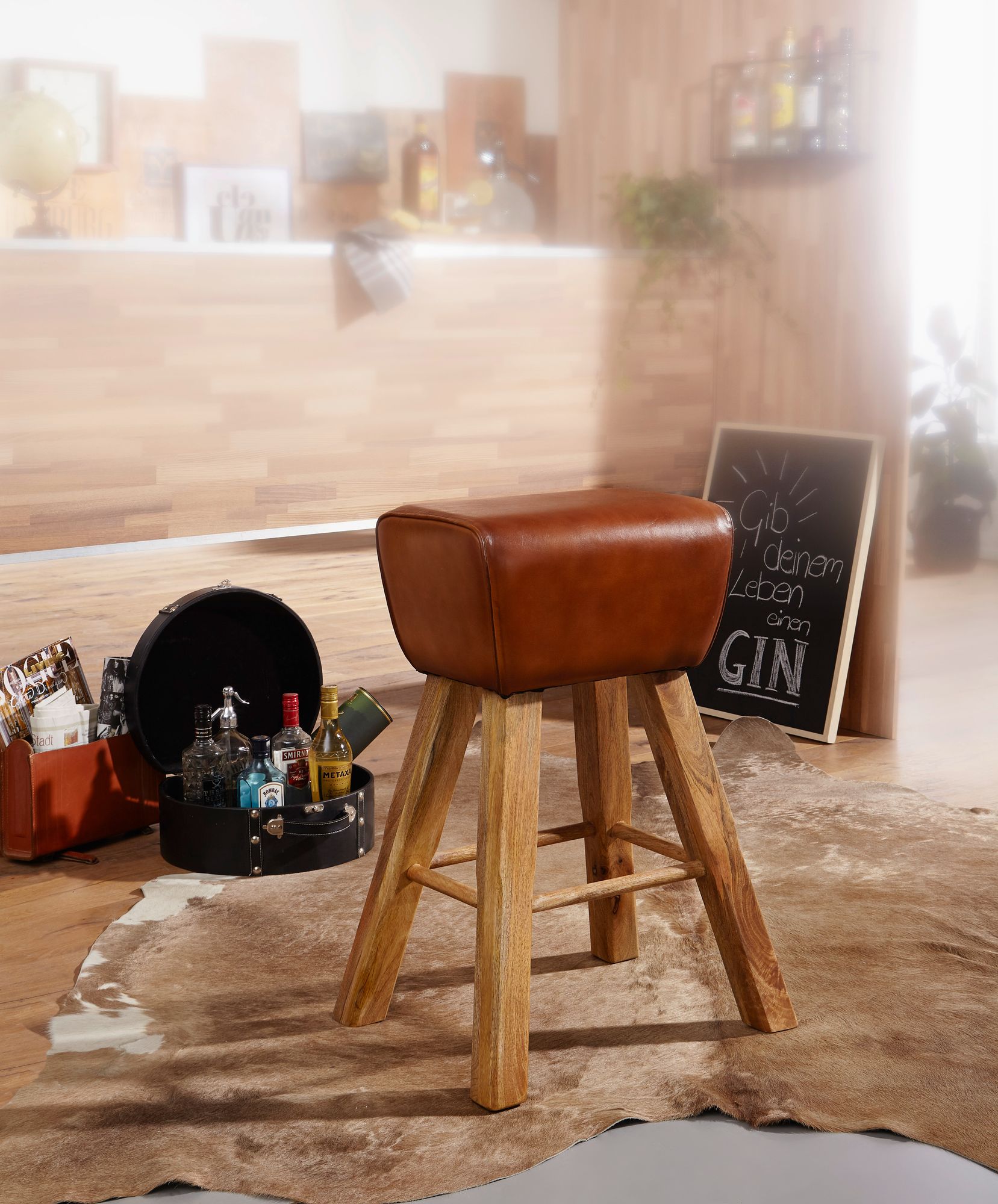 FineBuy Barhocker Turnbock 43x75x43 cm Mango Massivholz / Echtleder, Design Barstuhl Braun, Lederhocker ohne Lehne, Country Hocker Tresenstuhl | Farbe: Braun