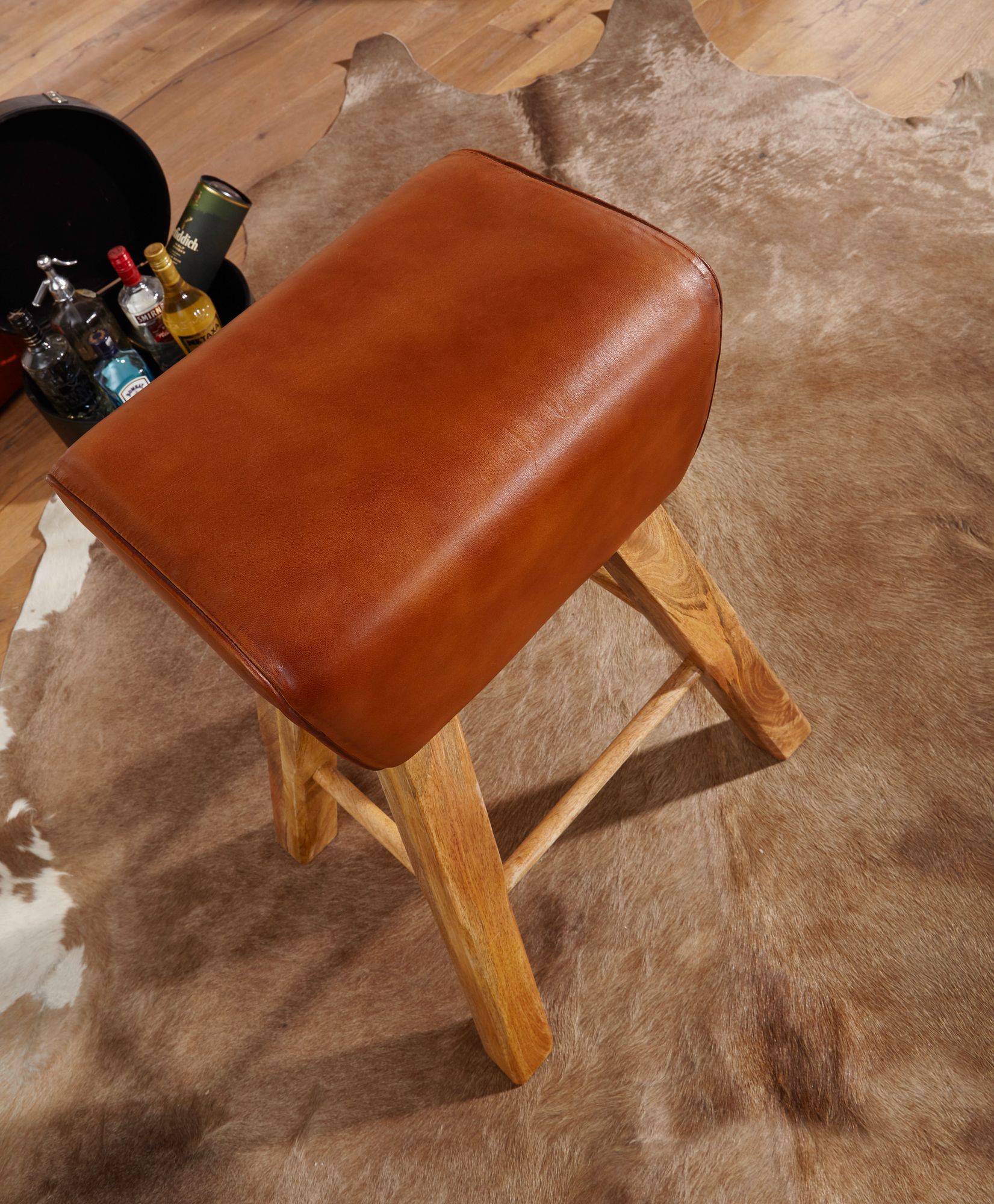 FineBuy Barhocker Turnbock 43x75x43 cm Mango Massivholz / Echtleder, Design Barstuhl Braun, Lederhocker ohne Lehne, Country Hocker Tresenstuhl | Farbe: Braun