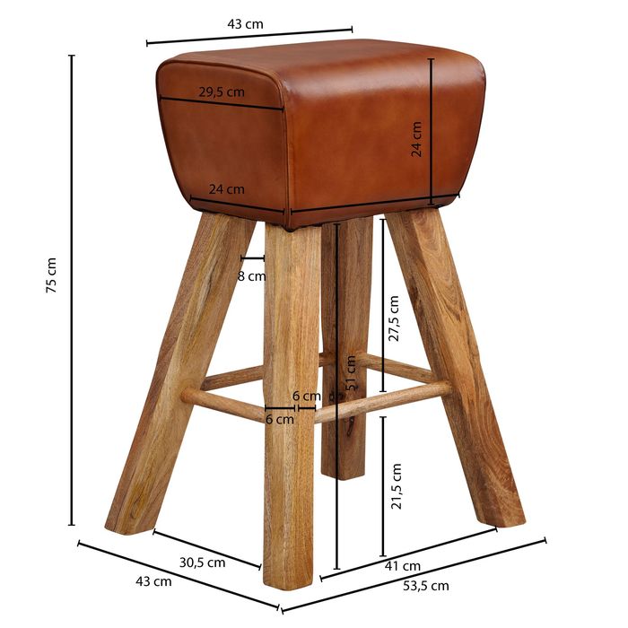 FineBuy Turnbock Barhocker 75 cm Massivholz Barstuhl Leder Tresenstuhl Hocker – Maßzeichnung