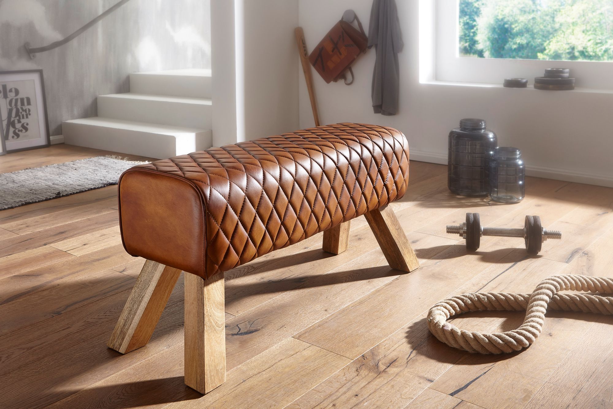 FineBuy Design Sitzbank Turnbock 90cm Cognac gesteppt Echtleder Mangoholz Retro Sitzhocker, Lederhocker mit Holzbeinen Sprinbock Hocker Garderobenbank | Farbe: Braun