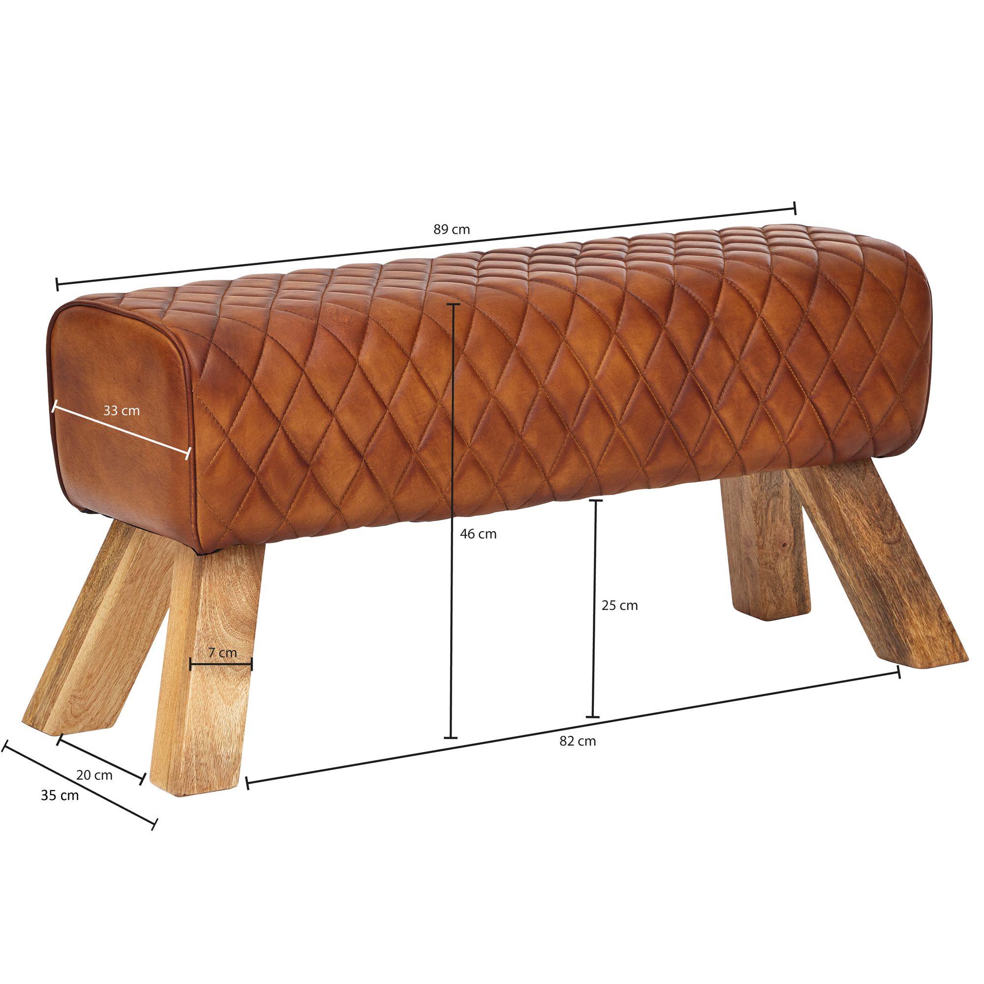 FineBuy Design Sitzbank Turnbock 90cm Cognac gesteppt Echtleder Mangoholz Retro Sitzhocker, Lederhocker mit Holzbeinen Sprinbock Hocker Garderobenbank | Farbe: Braun