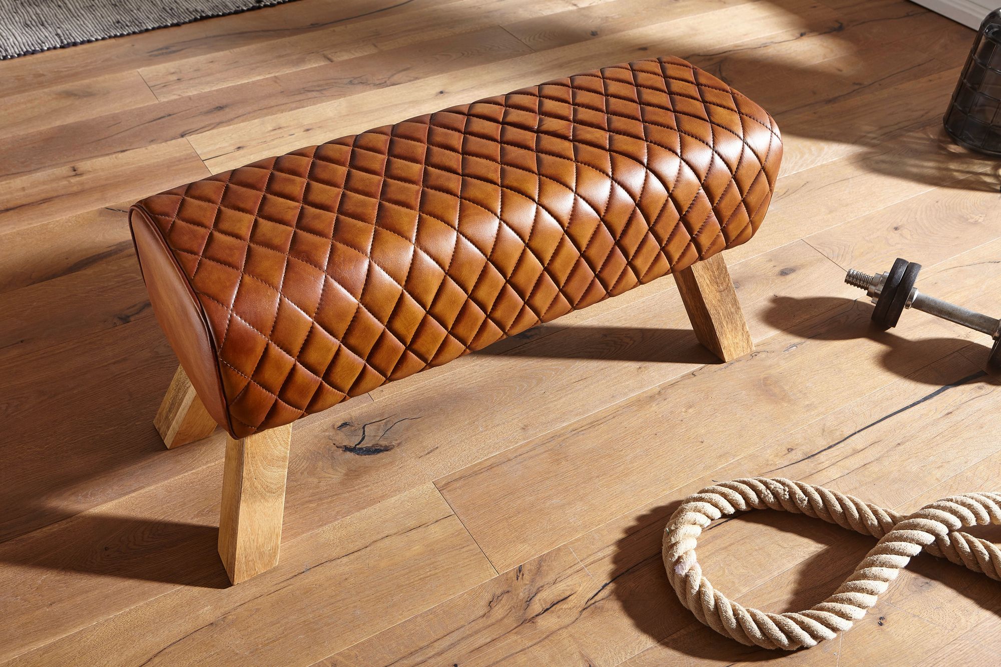 FineBuy Design Sitzbank Turnbock 90cm Cognac gesteppt Echtleder Mangoholz Retro Sitzhocker, Lederhocker mit Holzbeinen Sprinbock Hocker Garderobenbank | Farbe: Braun