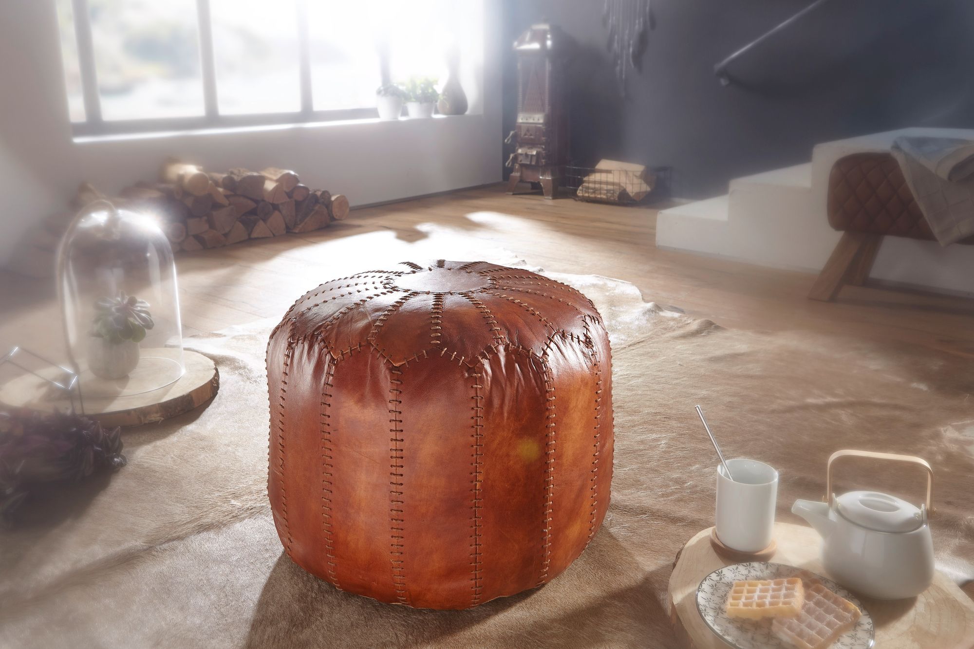 FineBuy Sitzhocker Echtleder Braun 52 x 40 x 52 cm Ottomane Wohnzimmer, Design Pouf Hocker Orientalisch, Polsterhocker Orient Beinablage Sofa | Farbe: Braun