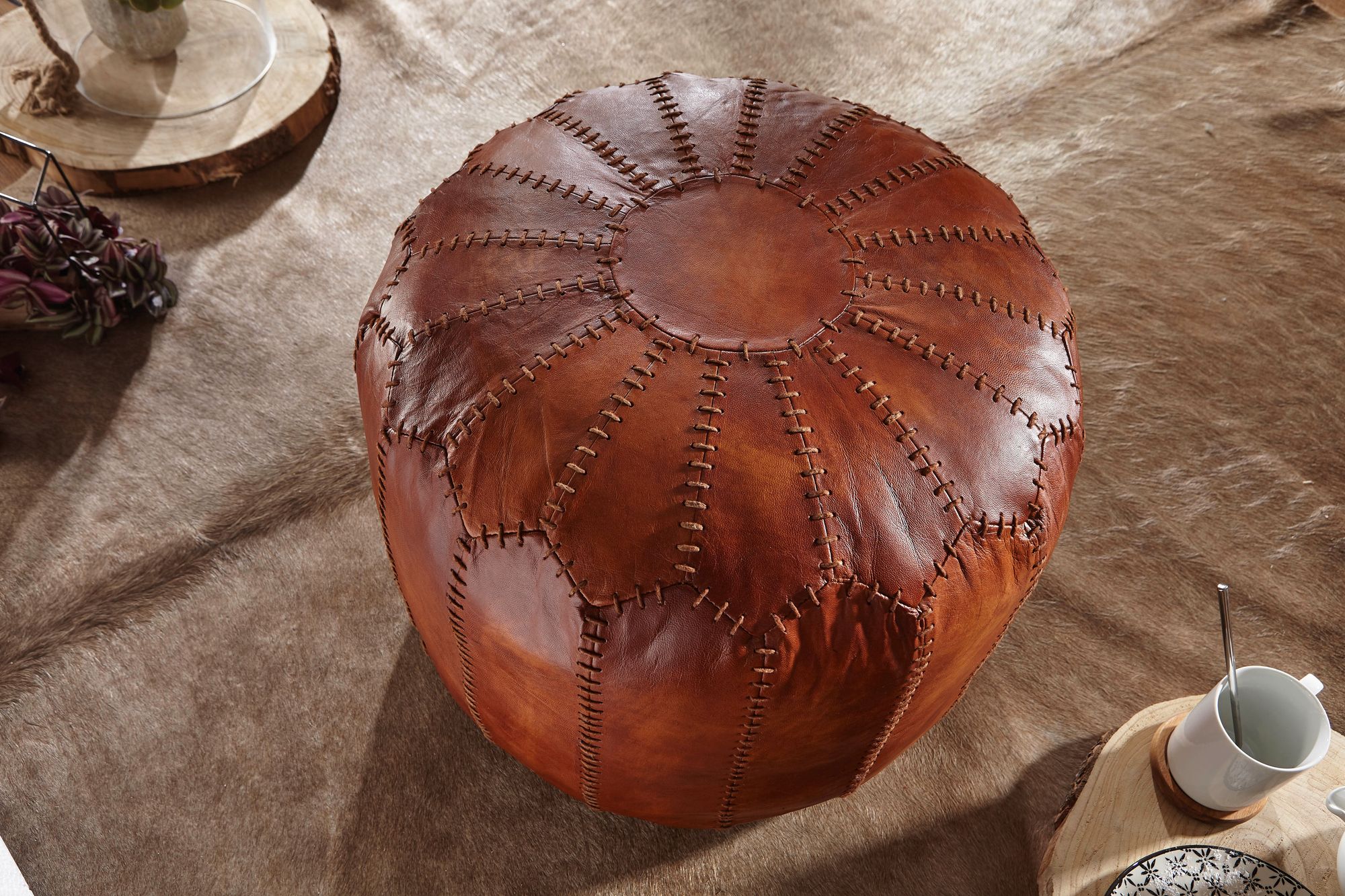 FineBuy Sitzhocker Echtleder Braun 52 x 40 x 52 cm Ottomane Wohnzimmer, Design Pouf Hocker Orientalisch, Polsterhocker Orient Beinablage Sofa | Farbe: Braun