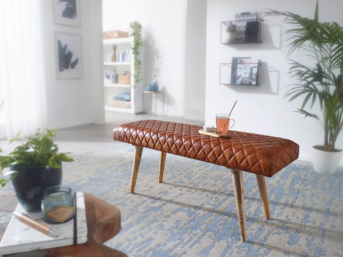 FineBuy Sitzbank Echtleder / Massivholz Bank 115x53x38 cm, 2er Polsterbank Flur Esszimmer Braun, Kleine Bettbank Leder, Dielenmöbel Flurbank 4250950294523