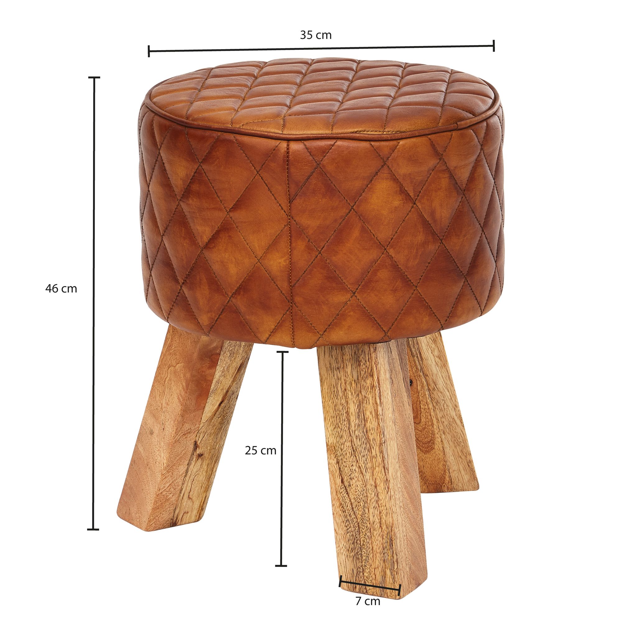 FineBuy Sitzhocker Echtleder / Massivholz 35x46x35 cm Modern Fußhocker Rund, Turnbock Lederhocker Braun, Kleiner Hocker Gepolstert, Holzhocker mit Leder-Bezug | Farbe: Braun