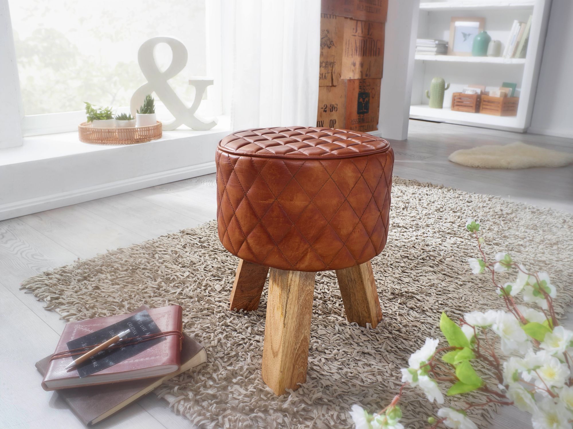 FineBuy Sitzhocker Echtleder / Massivholz 35x46x35 cm Modern Fußhocker Rund, Turnbock Lederhocker Braun, Kleiner Hocker Gepolstert, Holzhocker mit Leder-Bezug | Farbe: Braun