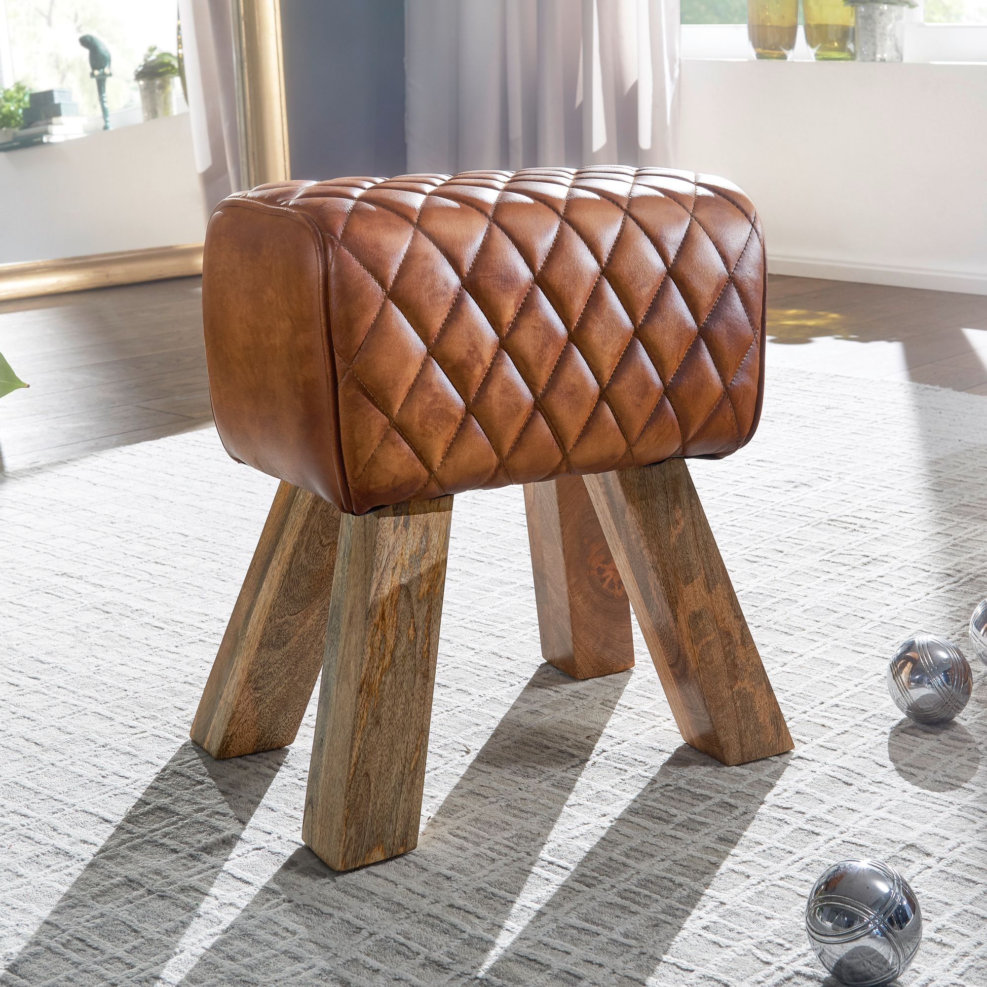 FineBuy Sitzhocker Echtleder / Massivholz 40x48x27 cm Modern Fußhocker, Turnbock Lederhocker Braun, Kleiner Hocker Gepolstert, Holzhocker mit Leder-Bezug | Farbe: Braun