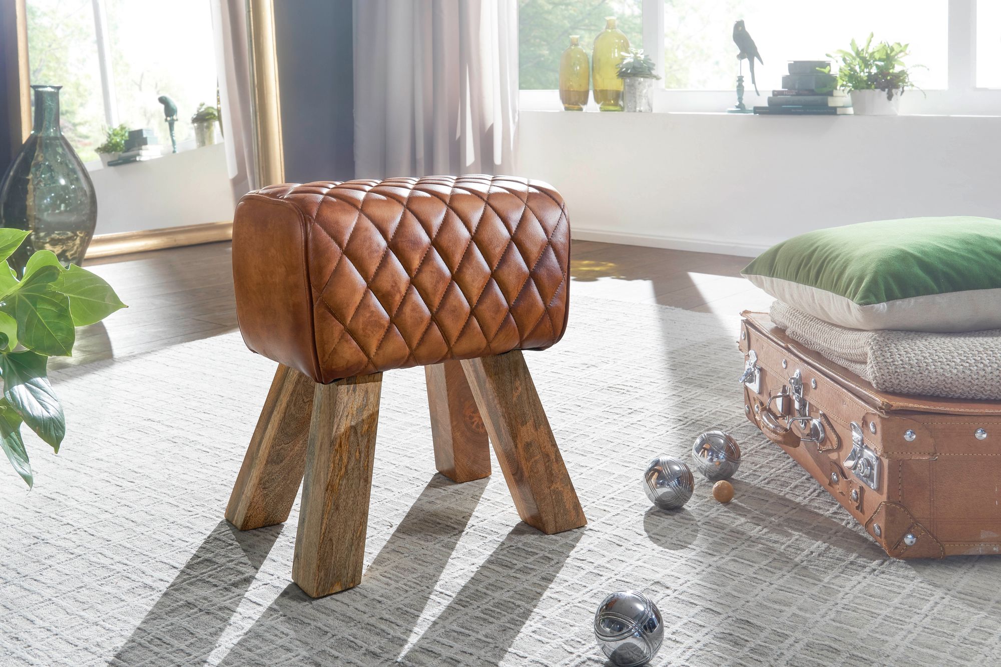 FineBuy Sitzhocker Echtleder / Massivholz 40x48x27 cm Modern Fußhocker, Turnbock Lederhocker Braun, Kleiner Hocker Gepolstert, Holzhocker mit Leder-Bezug | Farbe: Braun