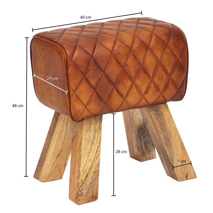 FineBuy Sitzhocker Echtleder 40x48x27 cm Fußhocker Lederhocker Massivholz Braun – Maßzeichnung