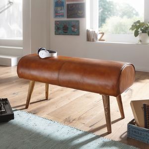 FineBuy Sitzbank Echtleder / Massivholz Bank 100x53x40 cm, 2er Polsterbank Flur Springbock Braun, Kleine Bettbank Leder, Dielenmöbel Flurbank 4250950294554