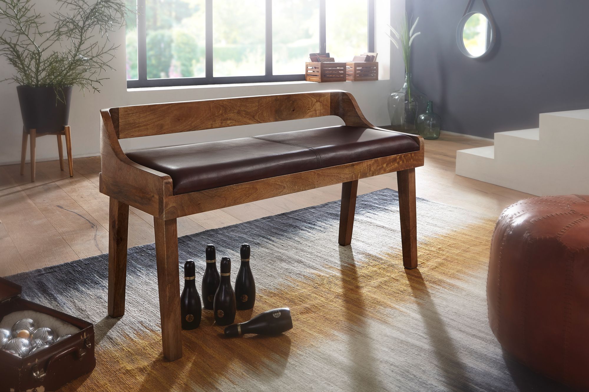 FineBuy gepolsterte Sitzbank mit Lehne 108 cm Massivholz Echtleder Braun - Retro Bank für Garderobe Schlafzimmer & Wohnzimmer - Garderobenbank Eingangsbereich | Farbe: Braun