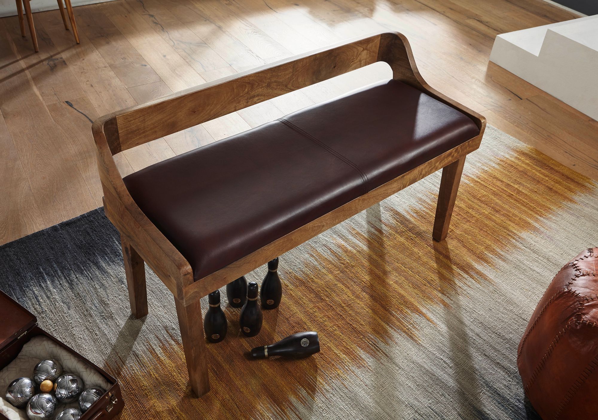 FineBuy gepolsterte Sitzbank mit Lehne 108 cm Massivholz Echtleder Braun - Retro Bank für Garderobe Schlafzimmer & Wohnzimmer - Garderobenbank Eingangsbereich | Farbe: Braun