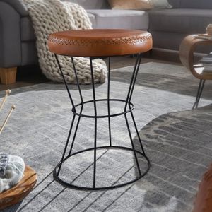 FB54118 FineBuy Sitzhocker Echtleder / Metall 35 x 48 x 35 cm Design Hocker Rund, Dekohocker mit Leder-Bezug, Moderner Lederhocker Braun Gepolstert 4250950294585
