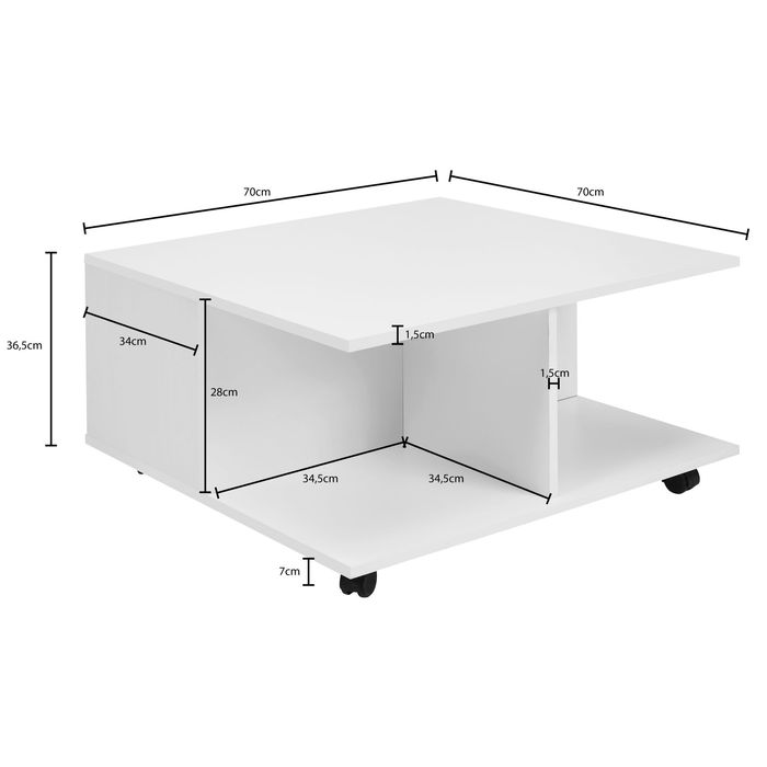 FineBuy Couchtisch 70x70cm Wohnzimmertisch Sofatisch Tisch mit 2 Schubladen – Maßzeichnung