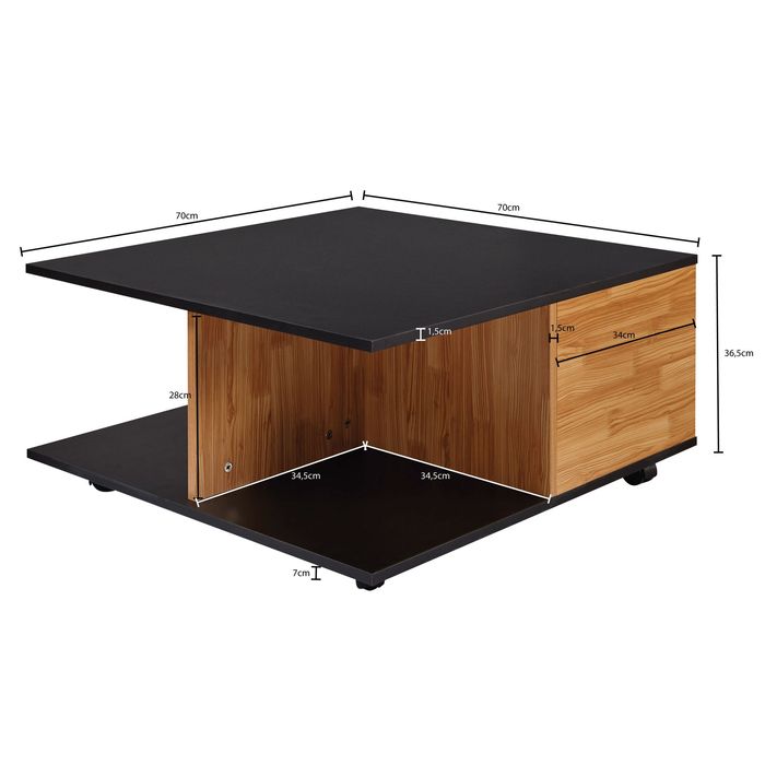 FineBuy Couchtisch 70x70cm Wohnzimmertisch Sofatisch Tisch mit 2 Schubladen – Maßzeichnung
