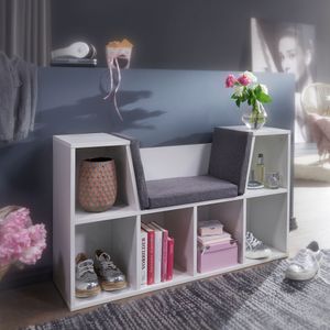 FineBuy Design Regal mit Sitzfläche 101,5 x 61,5 x 30 cm Weiß Matt, Standregal mit Sitzauflage in Grau, Sitzbank mit 6 Fächern 4250950294752