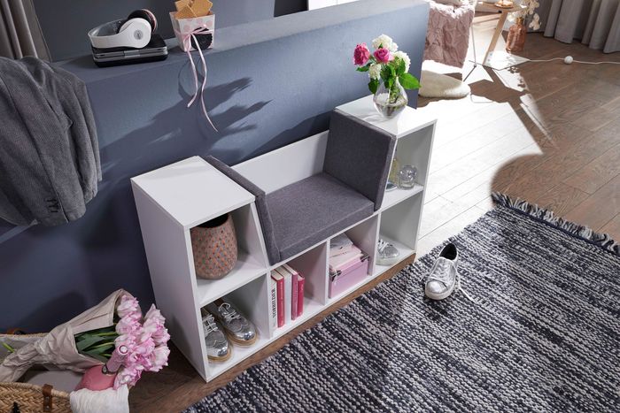 FineBuy Design Regal mit Sitzfläche 101,5 x 61,5 x 30 cm Weiß Matt, Standregal mit Sitzauflage in Grau, Sitzbank mit 6 Fächern 4250950294752