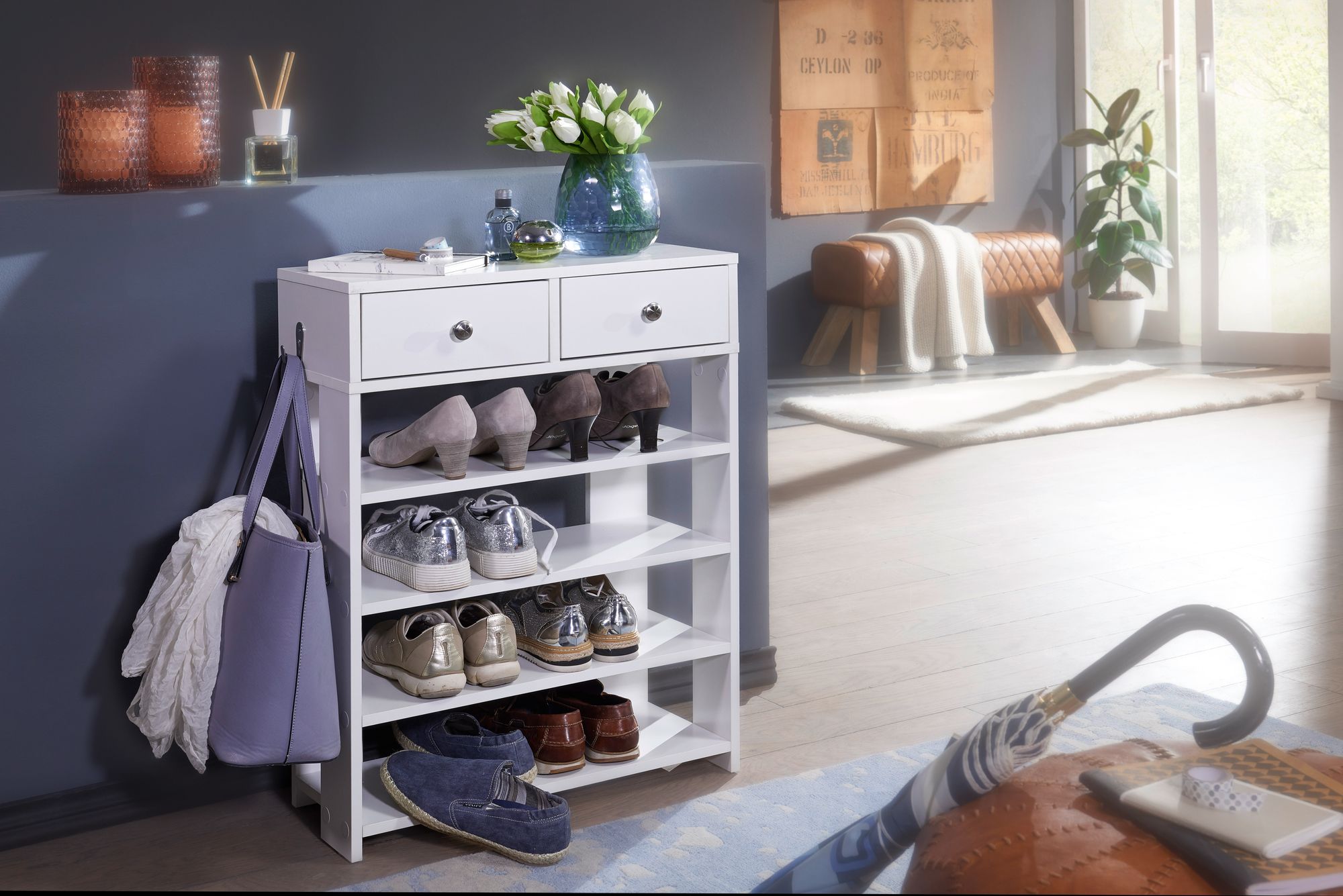 FineBuy Design Schuhregal 60 x 79 x 24 cm Flurregal Weiß, Regal mit zwei Schubladen, Hohes Standregal mit 4 Fächern | Farbe: Weiß