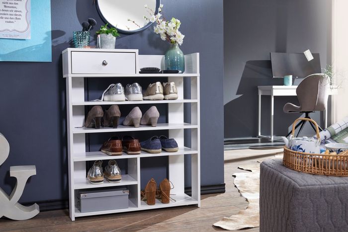 FineBuy Design Schuhregal 75 x 92,5 x 24 cm Flurregal Weiß, Hohes Standregal mit 7 Fächern, Regal mit Schublade 4250950294776