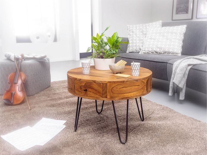 FineBuy Couchtisch Sheesham Massivholz / Metall 60x44,5x60 cm Tisch Wohnzimmer, Design Beistelltisch mit Schubladen, Kleiner Wohnzimmertisch Rund Braun 4250950295018
