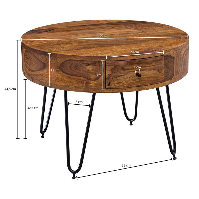 FineBuy Couchtisch Sheesham Massivholz rund Ø 60 cm Wohnzimmertisch Schublade – Maßzeichnung