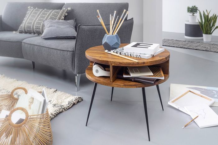 FineBuy Couchtisch Sheesham Massivholz / Metall 60x45x60 cm Tisch Wohnzimmer, Design Beistelltisch mit Ablage, Kleiner Wohnzimmertisch Rund Braun 4250950295049