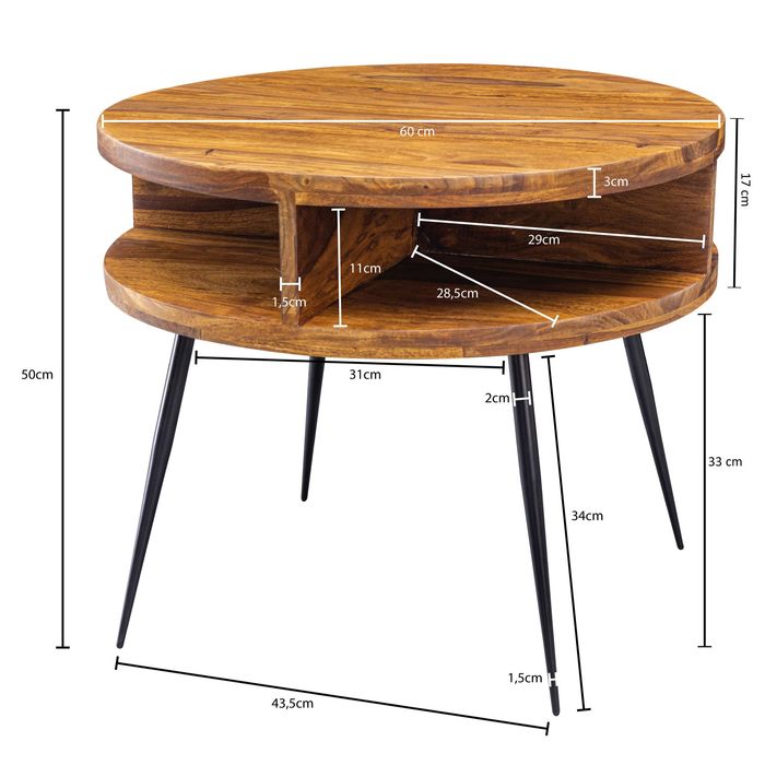 FineBuy Couchtisch Sheesham Massivholz rund Ø 60 cm Wohnzimmertisch Ablage – Maßzeichnung
