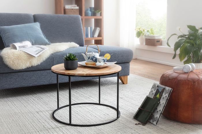 FineBuy Couchtisch 60x43x60 cm Akazie Massivholz / Metall Sofatisch, Design Wohnzimmertisch Rund, Kaffeetisch Massiv, Kleiner Tisch Wohnzimmer 4250950295056