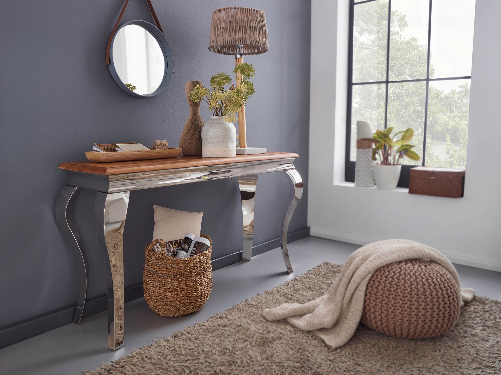 FineBuy Konsolentisch Sheesham Massivholz / Metall 130x76,5x42 cm Flurtisch, Design Wohnzimmertisch Schmal, Anrichte Schreibtisch Modern | Farbe: Braun