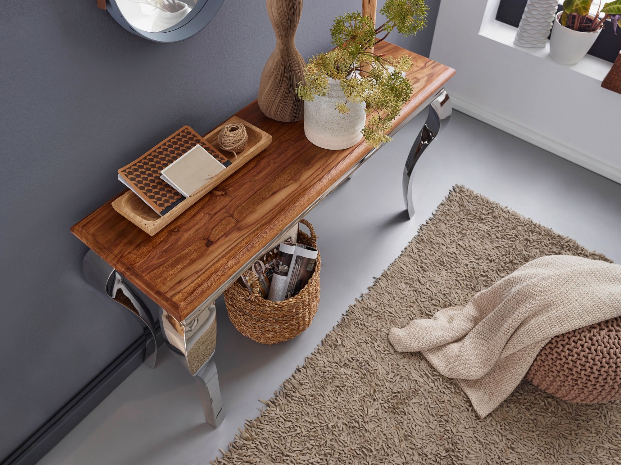 FineBuy Konsolentisch Sheesham Massivholz / Metall 130x76,5x42 cm Flurtisch, Design Wohnzimmertisch Schmal, Anrichte Schreibtisch Modern | Farbe: Braun