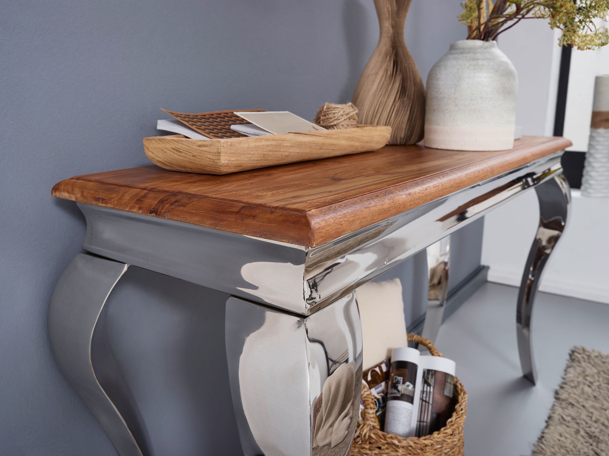 FineBuy Konsolentisch Sheesham Massivholz / Metall 130x76,5x42 cm Flurtisch, Design Wohnzimmertisch Schmal, Anrichte Schreibtisch Modern | Farbe: Braun