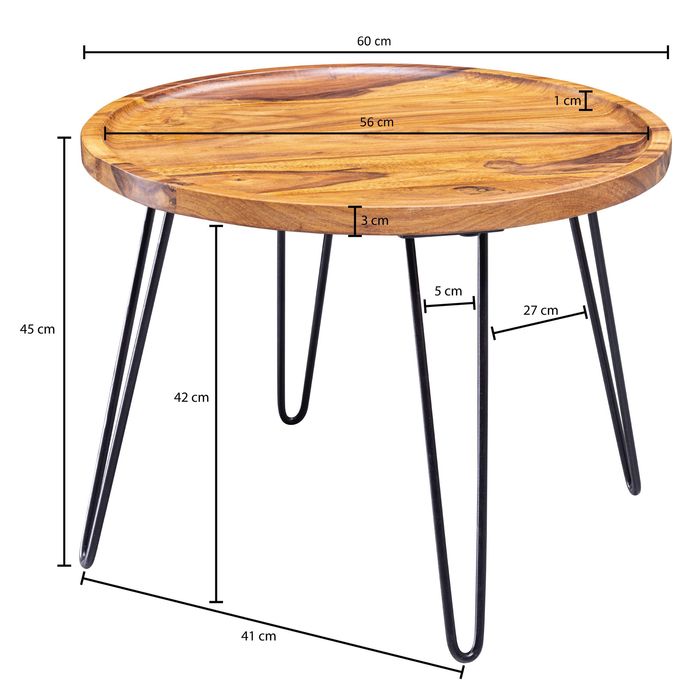FineBuy Couchtisch Sheesham rund Ø 60 cm Wohnzimmertisch Massivholz Metallbeine – Maßzeichnung