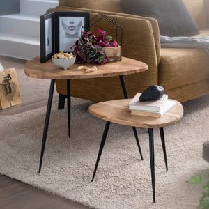 FB54893 FineBuy 2er Set Satztisch Akazie Massivholz / Metall Couchtisch Klein, Design Beistelltisch Set Zwei Holz-Tische, Wohnzimmertisch Tisch Metallgestell 4250950295308